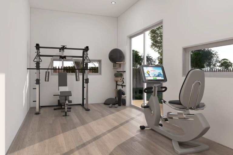 Interior of a compact Olerra studio fitted out as a home gym