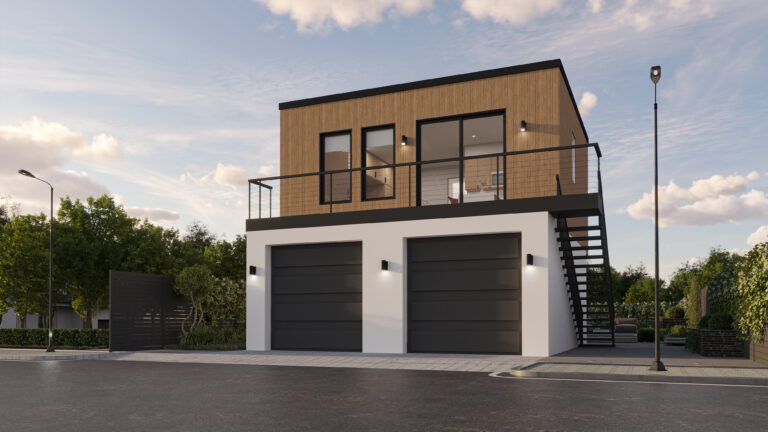 Modern Olerra ADU with an attached garage, shown at dusk