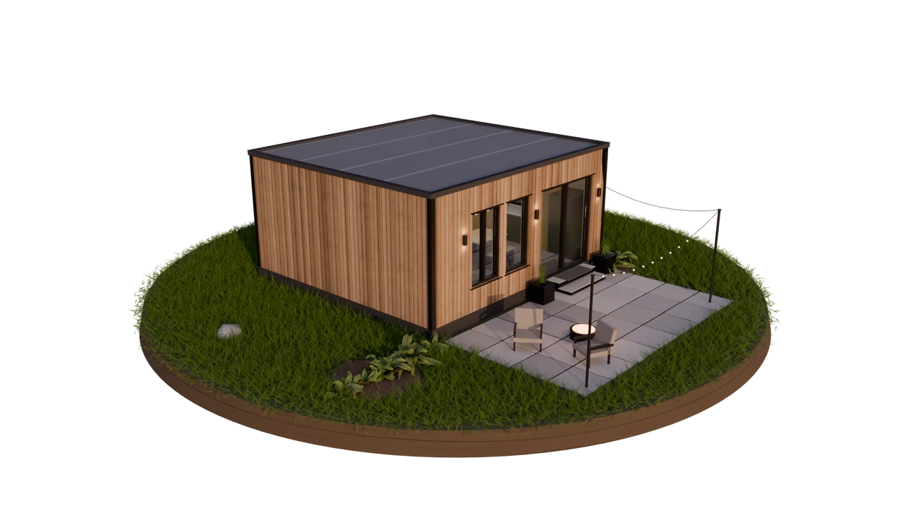 A finished Olerra 490 with cedar cladding, a paved patio, and string lights