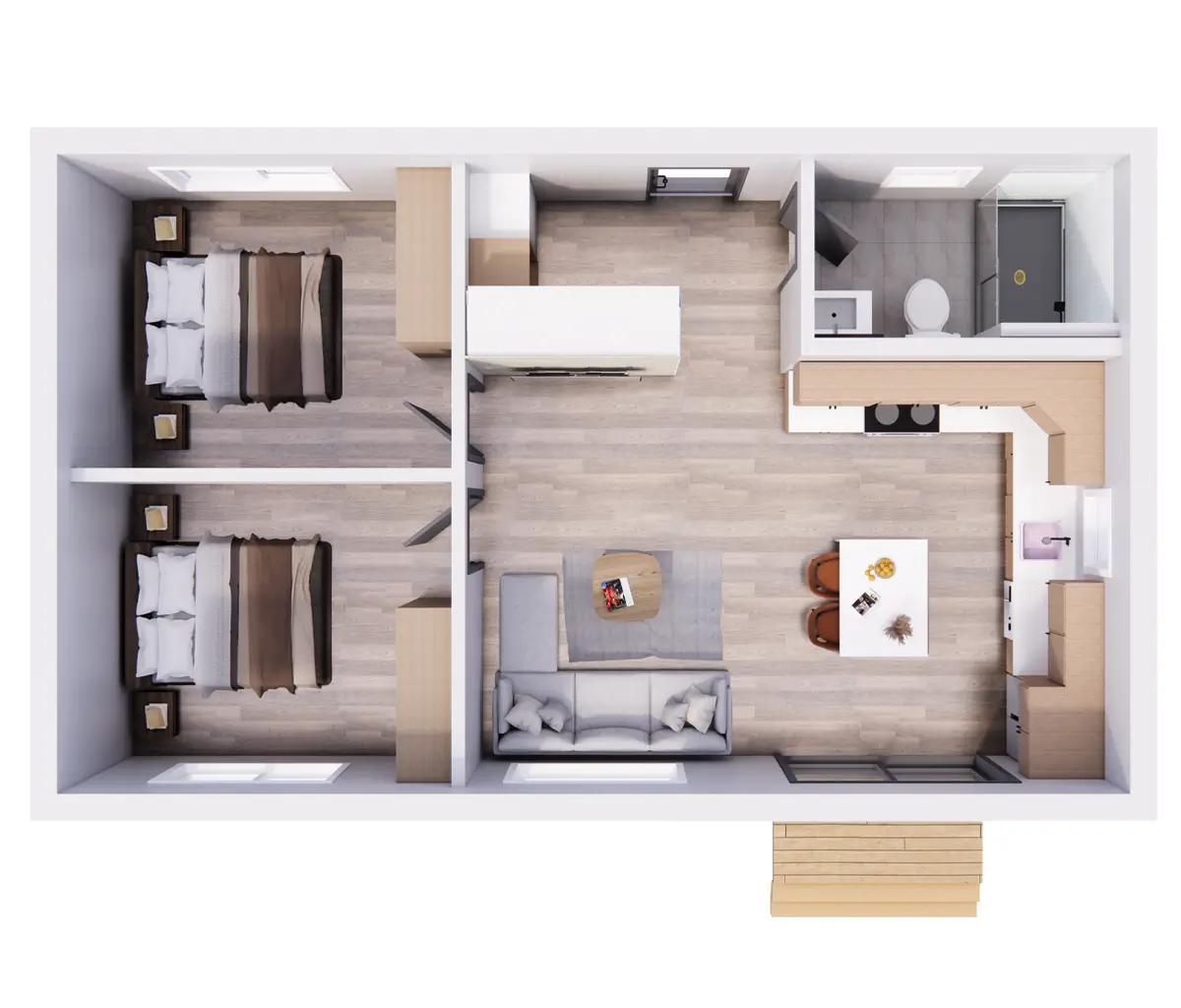 Overhead floor plan of a two-bedroom Olerra Flex-Flat